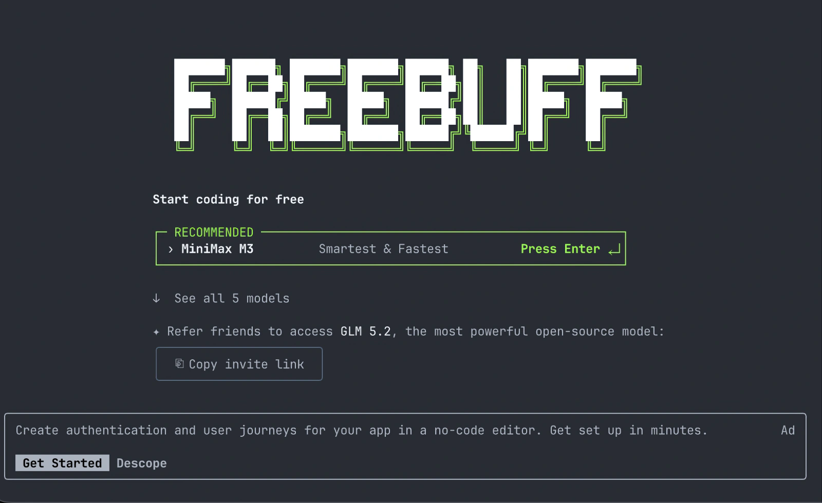 The Freebuff CLI at startup, showing the model picker and a single text ad at the bottom of the terminal