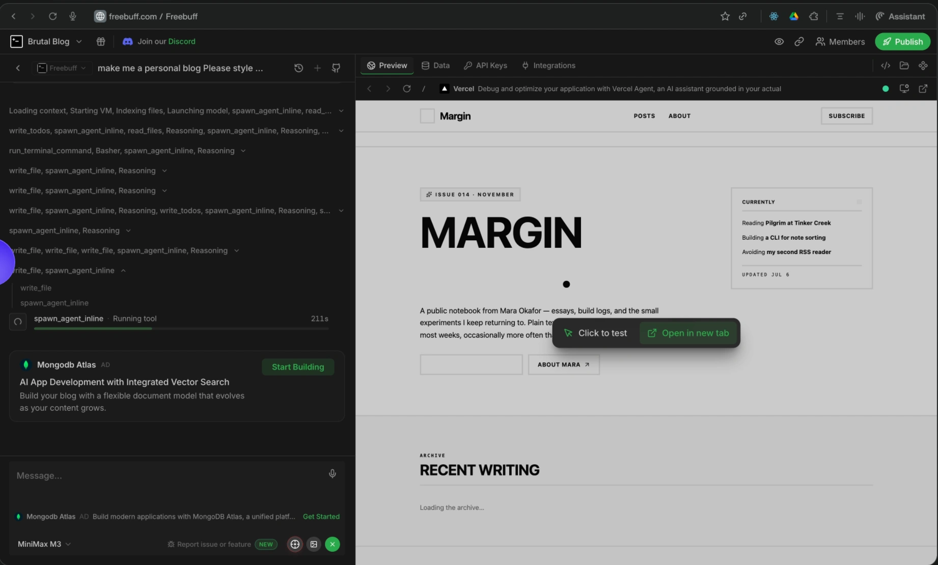 The Freebuff Web app builder: a generated blog on the right, with a MongoDB Atlas text ad in the agent panel on the left